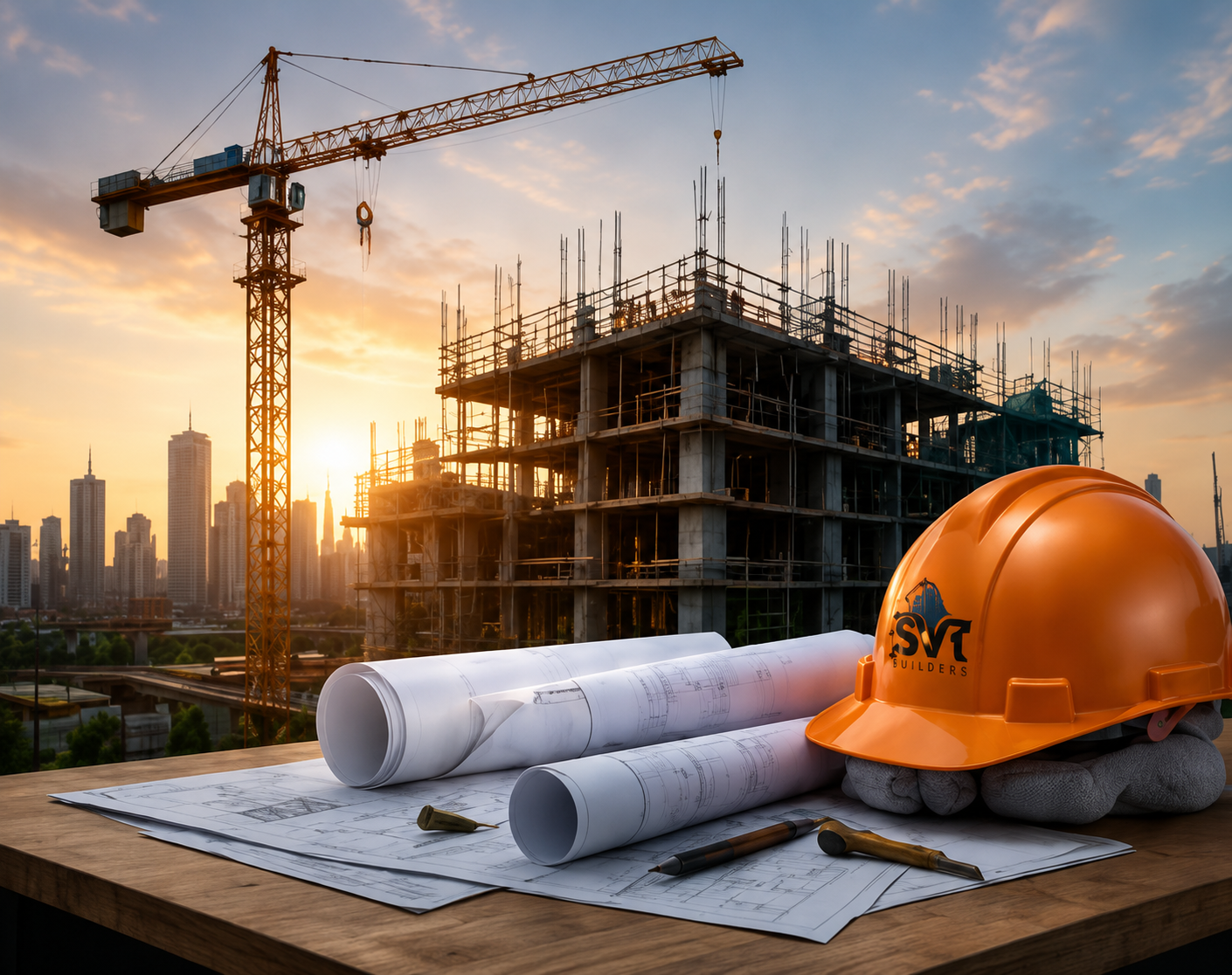 Construction site with crane and SVT Builders helmet at sunset
