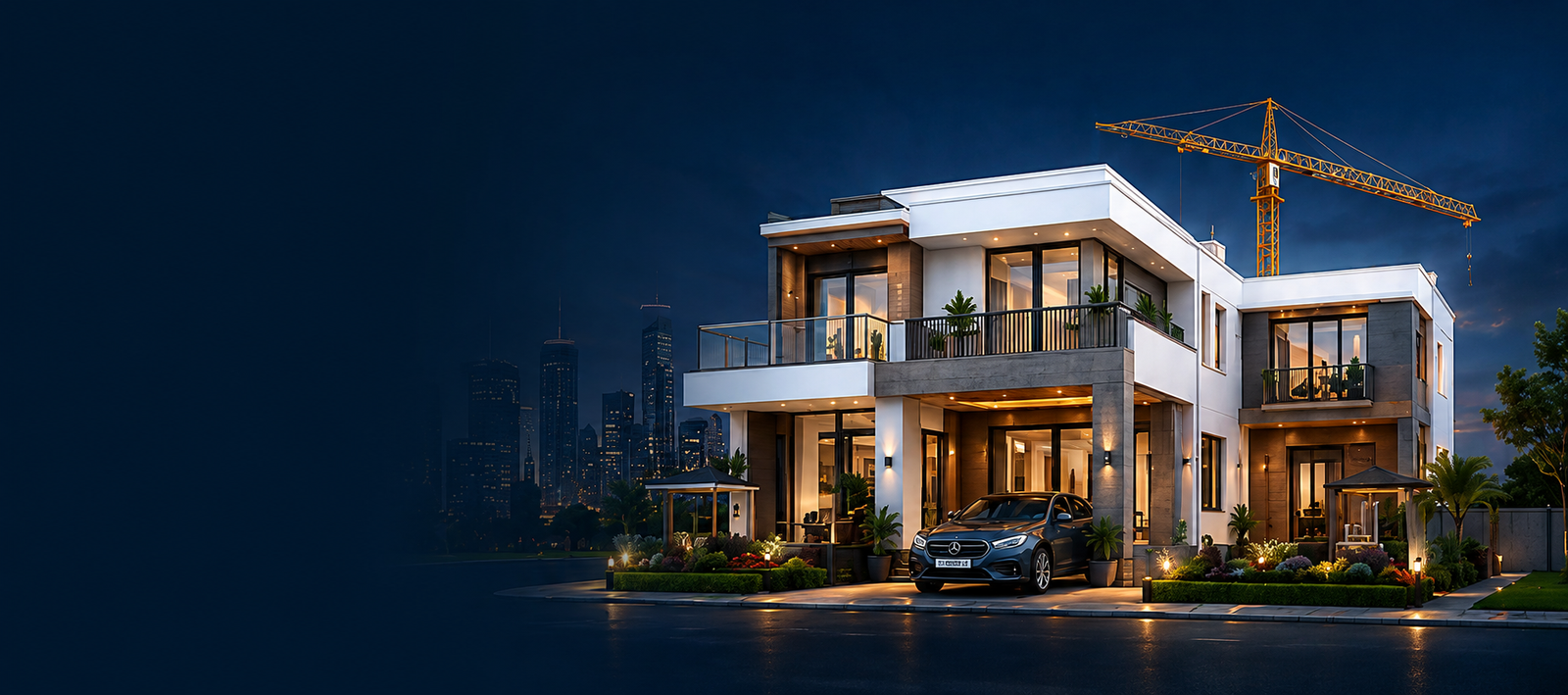 Modern SVT Builders villa with crane at night
